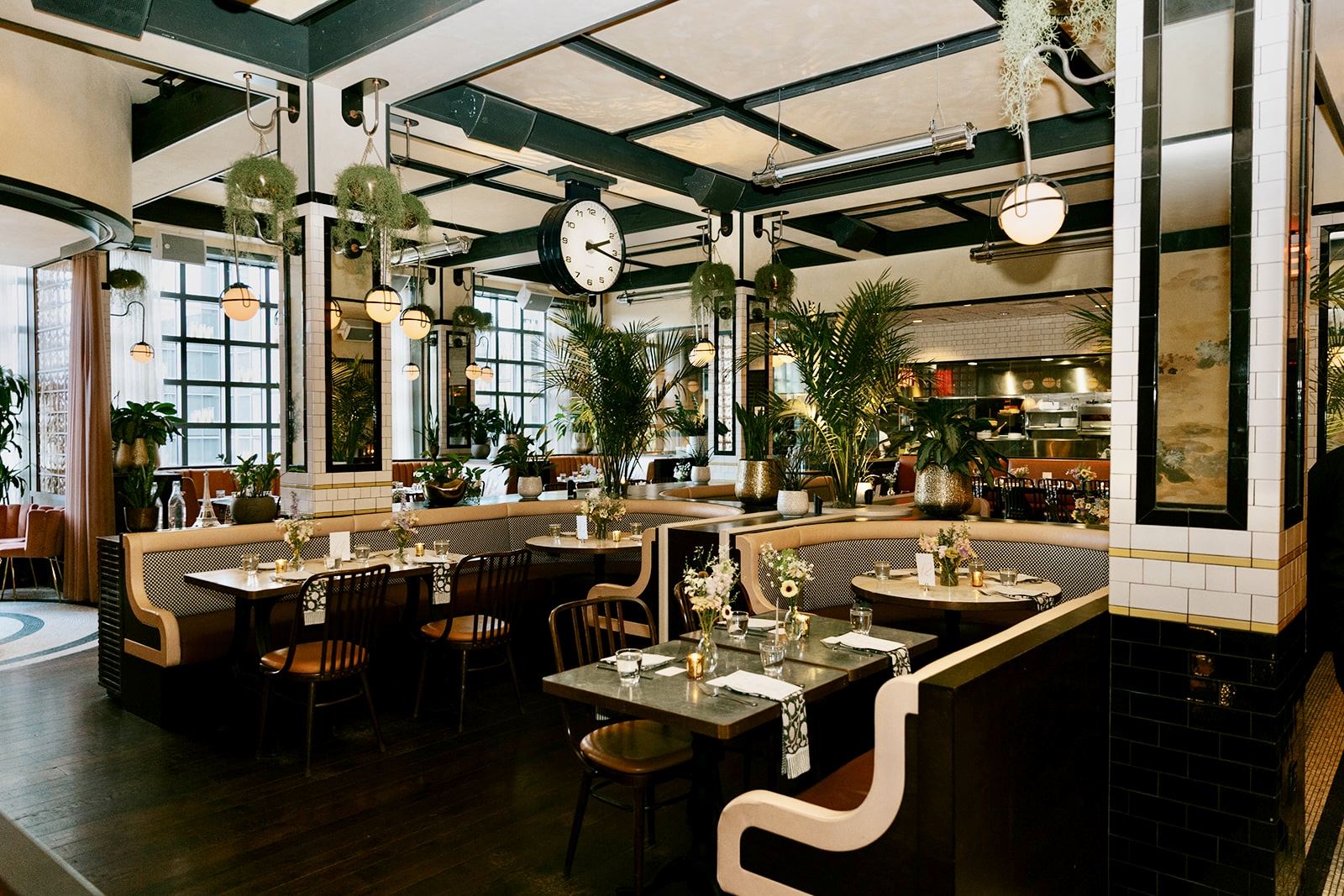 Boston restaurant dining room with block-printed napkins on the tables