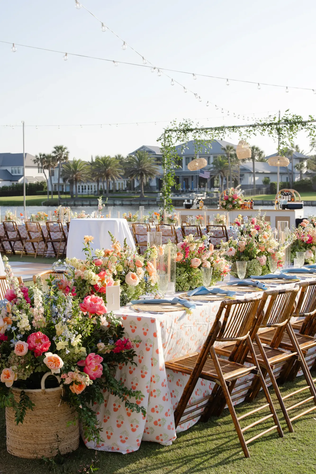 Ponte Vedra Beach long table in coral block print overlooking the water